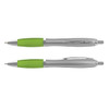 A silver barrel pen with a green grip and silver accents, featuring a clip and a logo.