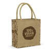 A jute tote bag in natural tones with a patterned design and a logo featuring a vegan message.
