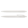 A plastic pen in white, featuring a smooth body and a clip for easy attachment. Includes a logo.
