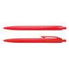 A pair of red plastic pens with a smooth finish and click mechanism, featuring a logo on one.
