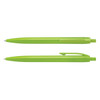 Two bright green plastic pens with a sleek design, featuring a clip on one and a smooth writing tip.