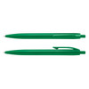 A green plastic pen with a sleek design, featuring a clip and smooth writing tip. It has a logo.