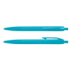 Two turquoise plastic pens laid parallel, featuring clip designs and a glossy finish. The pens have branding on them.