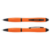 An orange stylus pen with a black grip and accents, featuring both a writing tip and a stylus end.