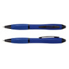 A blue stylus pen with a black clip and tip, featuring a sleek design and a logo.