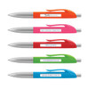 Five plastic pens with silver barrels and colourful grips: orange, pink, green, and blue. Each has a logo.