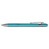 A metal pen in a vibrant turquoise colour with silver accents and a clip, featuring an engraved pattern on the barrel.