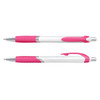 Two plastic pens featuring a white barrel with pink accents and grips, one with a click mechanism.