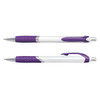 A white plastic pen with purple accents, featuring a rubber grip and a chrome clip, showcasing a sleek design.