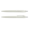 A set of light green plastic pens with silver accents, featuring a click mechanism and a smooth finish.