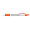 A plastic pen featuring an orange grip and clip, with the text "Worldwide Coverage" printed on the barrel.