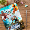 A medium full-colour notepad featuring extreme sports visuals, with a coil binding, placed on a wooden desk with stationery.