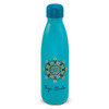A drink bottle in turquoise with a decorative patterned design and a logo. Suitable for promotional use.