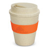 A reusable coffee cup in a natural beige colour with an orange silicone sleeve and a lid, featuring a logo.
