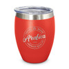 A drink bottle with a red exterior, featuring a clear lid and an engraved branding logo. Ideal for hot or cold beverages.