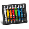 A display stand featuring eight brightly coloured pens in yellow, orange, red, green, blue, black, white, and silver.