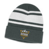 A grey beanie with white stripes and a logo featuring mountains and text. Suitable as headwear for outdoor activities.