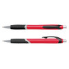 A red plastic pen with a black grip and silver accents, featuring branding on the barrel.