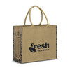A jute tote bag in natural beige with black branding and decorative edges. Features sturdy handles for easy carrying.