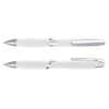 A set of white plastic pens with silver accents and clips, featuring a sleek design and a logo.