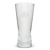 A clear glass beer glass with a tapered design and an etched logo on the front.