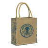 A jute tote bag in natural with blue illustrations and a logo on the front. Features sturdy handles for easy carrying.