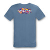 A blue unisex T-shirt featuring a vibrant Colourflex transfer design on the back, complete with a logo.