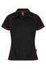 A black polo shirt featuring red piping, designed for women, with a collar and short sleeves. It has a brand logo.