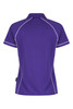 A purple polo shirt with white piping details and a logo on the side. The shirt has a classic collar and short sleeves.
