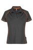 A women's polo shirt in dark grey with orange piping and a logo. Short sleeves and a collared neckline.