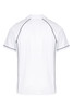 A white men's polo shirt featuring black piping and a logo on the chest area.
