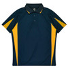 A navy blue polo shirt with yellow accents and a collar, featuring a logo on the chest.