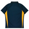 A navy polo shirt with yellow side panels and a collar, featuring a branding logo.