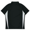 A black polo shirt featuring white side panels and a collar. The design is simple and lacks any visible branding.