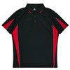 A black polo shirt featuring red accents and a logo, designed for kids.