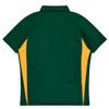 A green polo shirt with yellow side panels and a collar. The back view features a logo on the upper section.