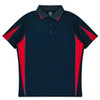 A navy blue polo shirt with red accents and a logo. Features a collar and short sleeves.