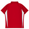 A red polo shirt featuring white side panels and a collar, displaying a logo on the back.