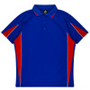 A blue polo shirt with red and white accents, featuring a polo collar and a logo.