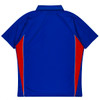 A blue polo shirt with red side panels and a collar. The shirt features a logo on the front.