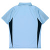 A light blue polo shirt featuring dark side panels and a collar, with a logo on the front.