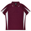 A maroon polo shirt with white accents and a logo. Short sleeves and a classic collar design.