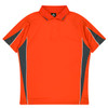An orange polo shirt featuring grey panels and a branding logo. Ideal for casual wear or sports activities.