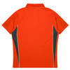 An orange polo shirt featuring grey side accents and a collar, with a logo on the back.