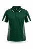 A green polo shirt featuring white side stripes and a logo, designed for kids.