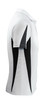 A white and black polo shirt featuring a logo, designed with contrasting side panels.