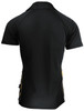 A black polo shirt with yellow accents, featuring a logo on one side and a classic design.