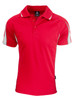 A red polo shirt with grey accents and a logo on the chest. Short sleeves and a classic collar design.