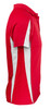 A red polo shirt with white side panels and a collar, featuring a logo on the front.