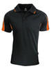 A black polo shirt with orange detailing and a collar, featuring a logo on the left side. 